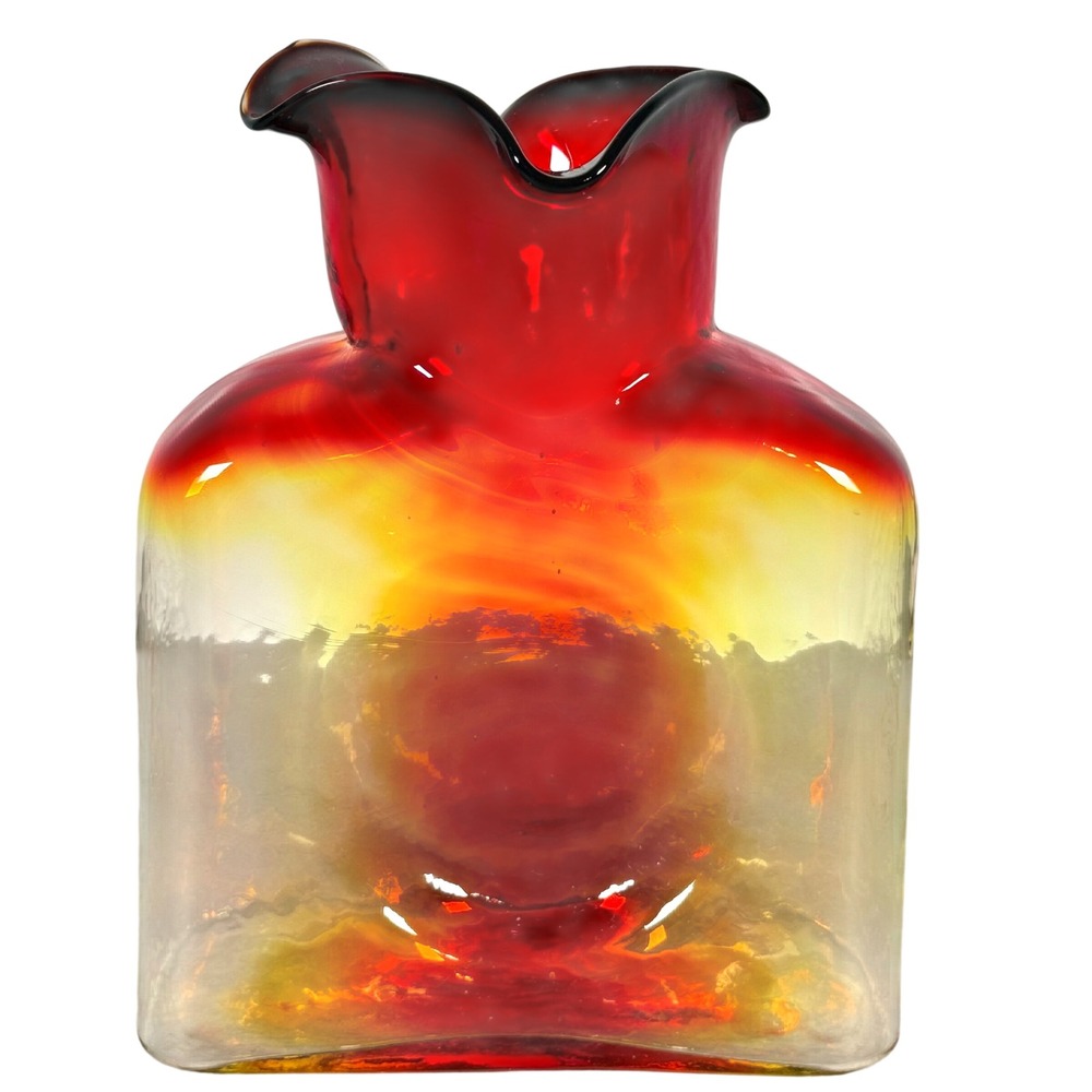 Blenko 2008 Amberina Water Bottle Vase Red Yellow Double Spout 8" USA